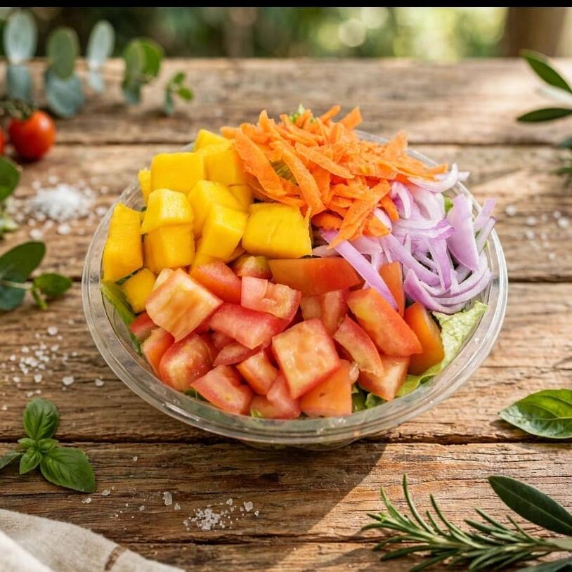 A COMBINAÇÃO PERFEITA PARA INCREMENTAR SEU ALMOÇO, MIX DE FOLHAS, TOMATE, CEBOLA ROXA, CENOURA RALADA, MANGA, QUEIJO PARMESSÃO ZERO LACTOSE E MOLHO DA CASA ZERO LACTOSE,