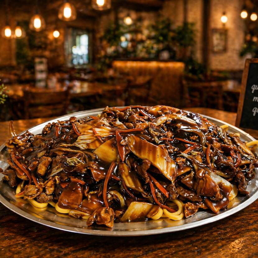 Yakssoba - carne, frango, cenoura, cebola e acelga.