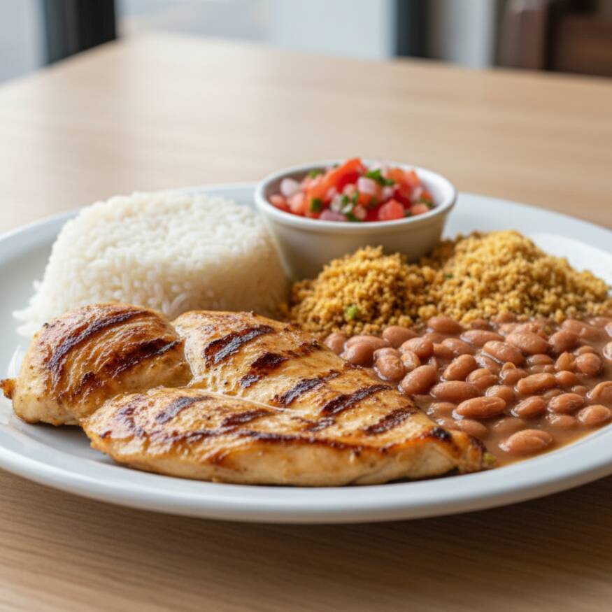 Frango grelhado na chapa, acompanha arroz, feijão carioca, vinagrete e farofa