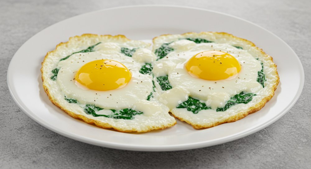 Huevos fritos con espinaca y queso.