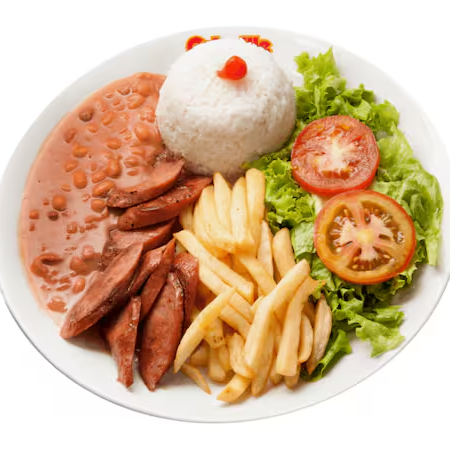 Calabresa fatiada, arroz, feijão, salada e batata
