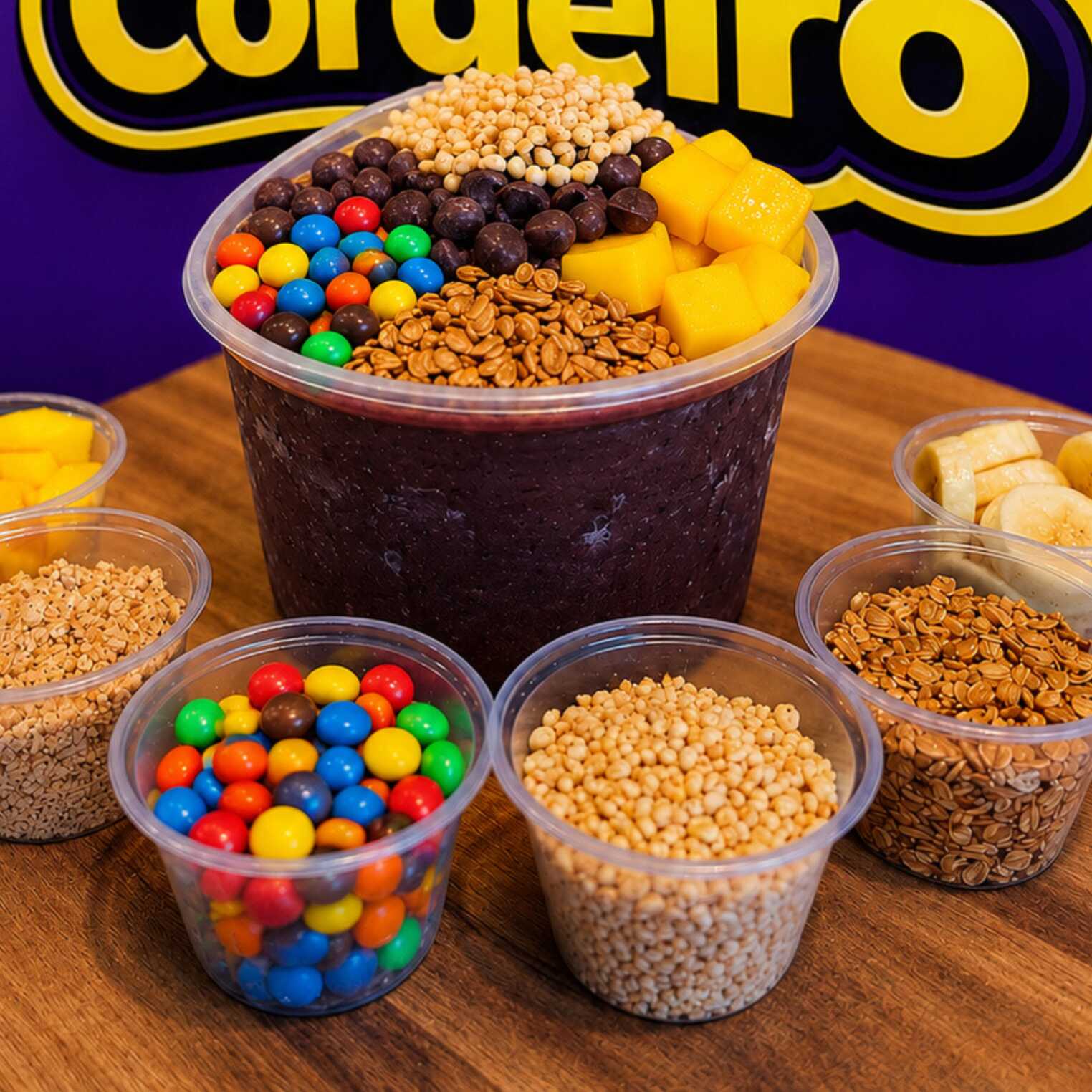 Açaí 1 Litro +5 adicionais Grátis. Serve até 3 pessoas, aproximadamente 1l Saboroso Açaí Puro de altíssima qualidade. Polpa selecionada para garantir o melhor do sabor do Açaí no pote de 1 Litro com direito a +2 caldas e +5 adicionais Grátis.