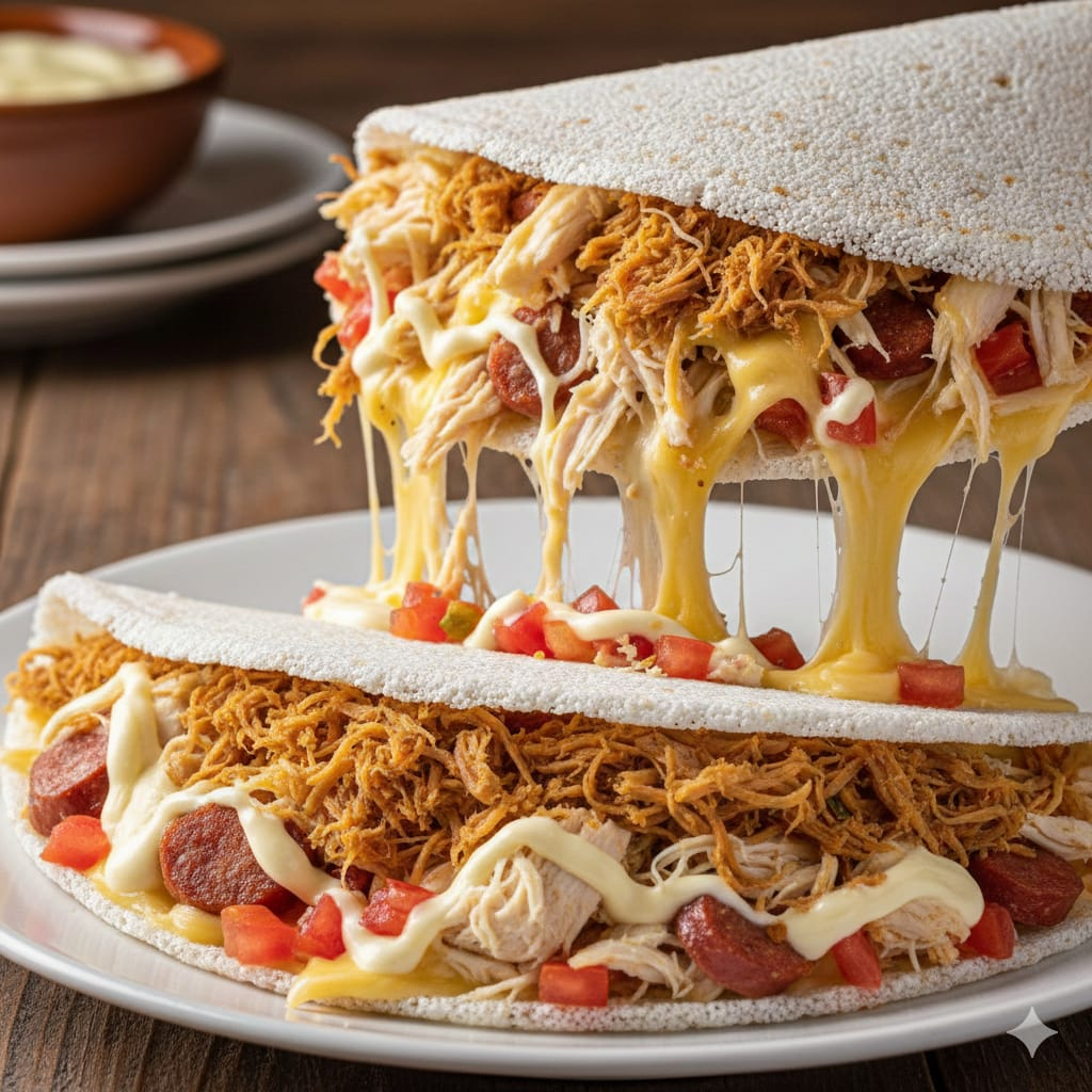 2 Tapiocas Completas feitas com: carne seca desfiada, frango, calabresa, presunto, catupiry, queijo e tomate; (ATENÇÃO: IMAGEM GERADA POR I.A, MAS SEMELHANTE AO PRODUTO ORIGINAL).