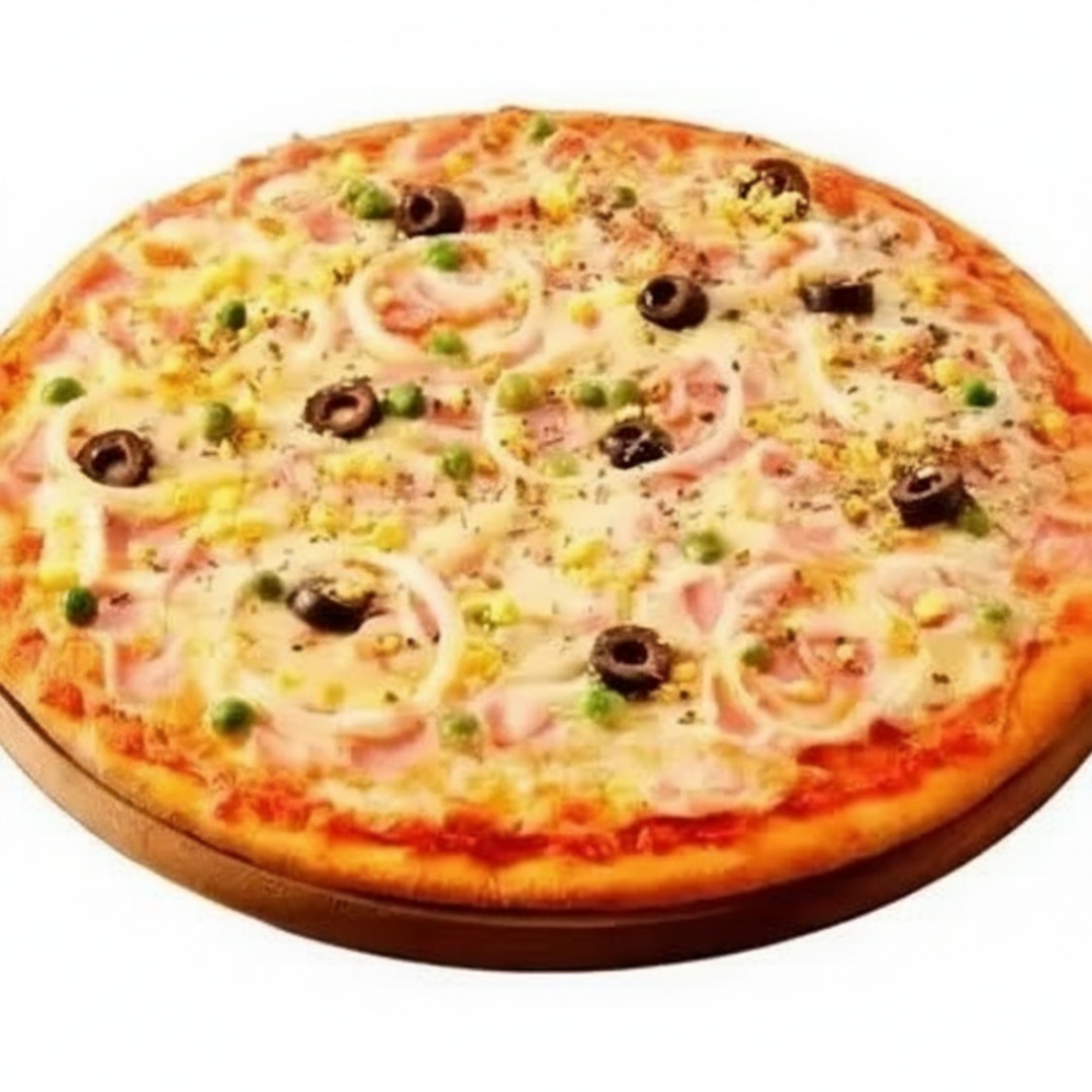 Pizzas 8 pedaços, sabor único, recheada com delicioso molho especial da casa, presunto, milho, ervilha, mussarela, cebola e uma pitada de orégano