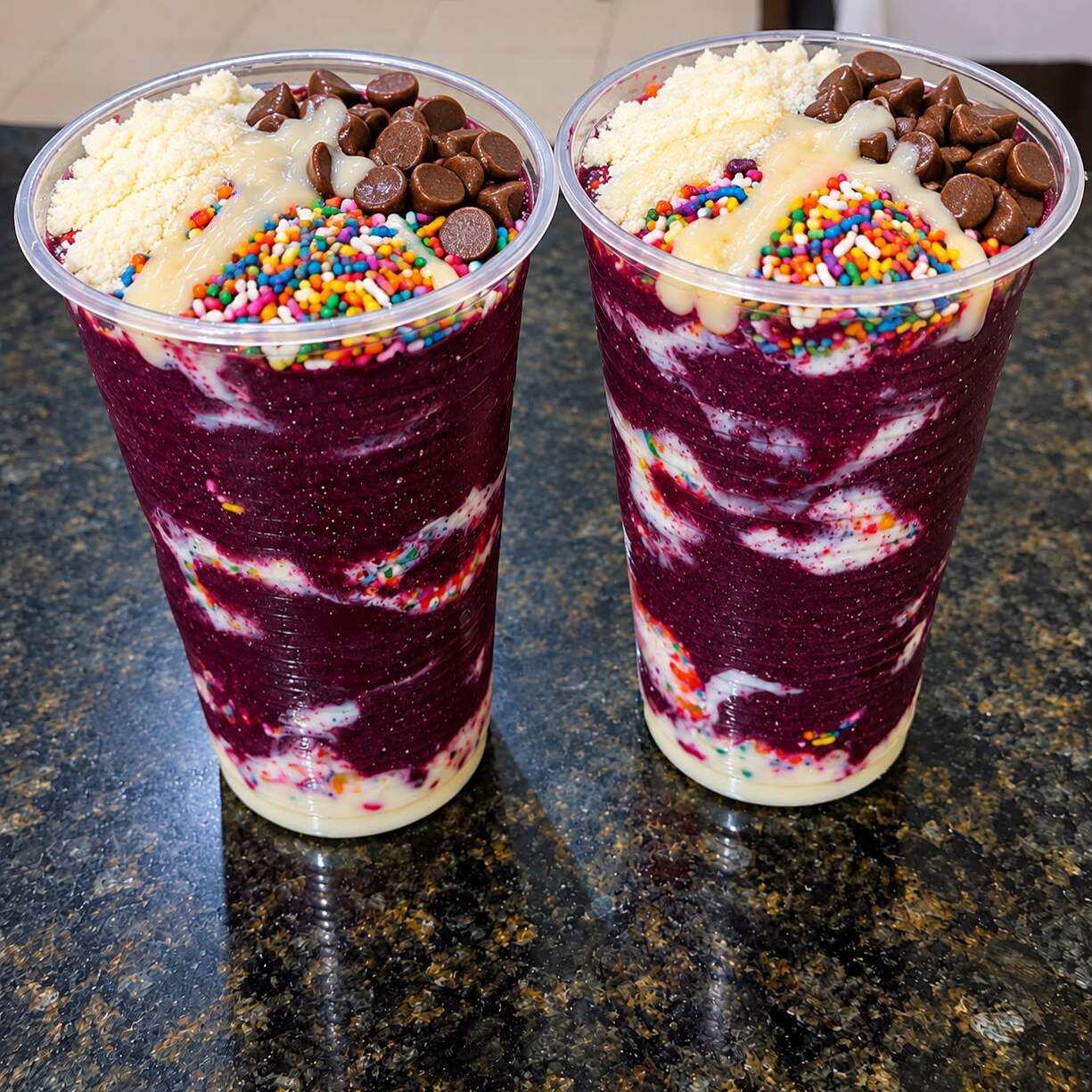 2 copo de 300 ml montado em camadas , leite em po , leite condensado , confetes , gotas de chocolate