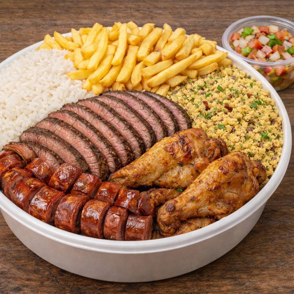 Pra quem tá com fome de verdade. Marmita bem servida, com carne farta e com acompanhamentos caprichados. Feita pra satisfazer mesmo./ Arroz soltinho, alcatra fatiada, coxinhas da asa, linguiça suína fatiada, farofa, batata frita e vinagrete