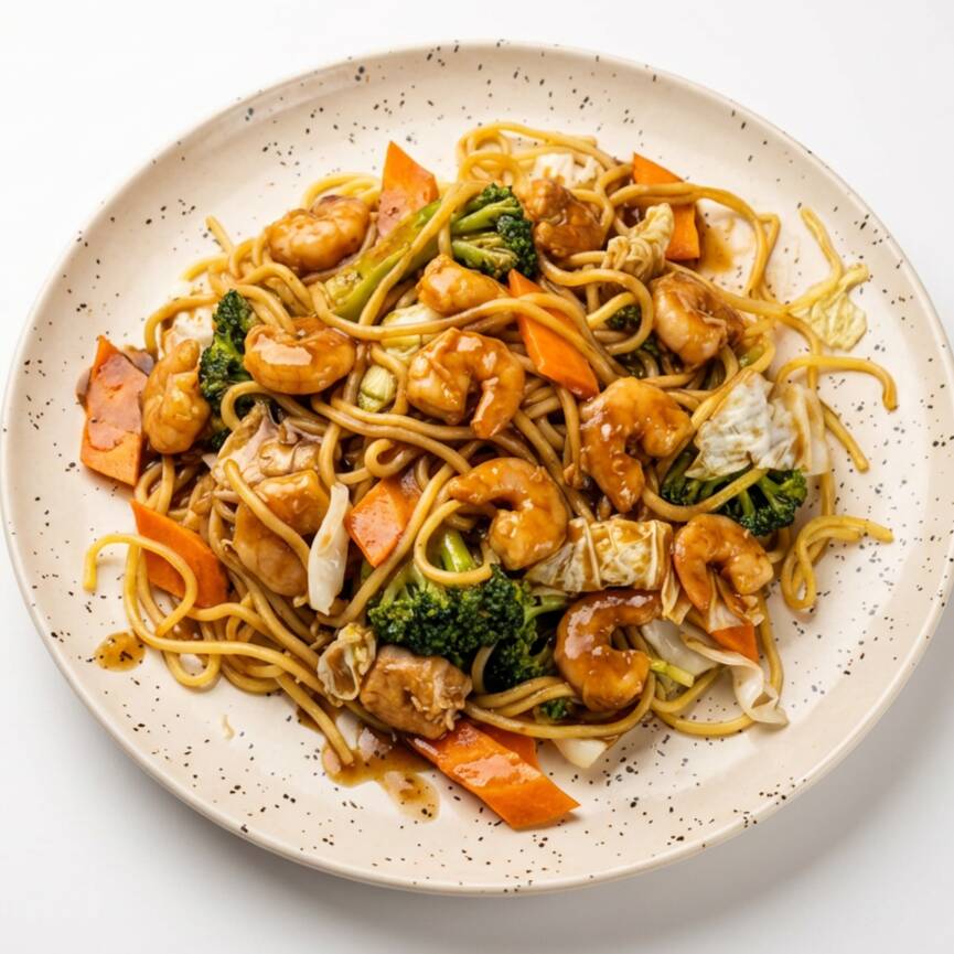 Macarrão chinês cozido com camarões e legumes ao molho de soja e especiarias