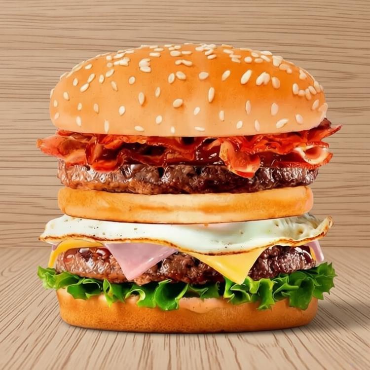 Loucos Nº5 ( Pão, 2 Carnes de Hambúrguer, Provolone, Ovo, Bacon, Cheddar Fatiado, Presunto, Molho Especial e Salada )