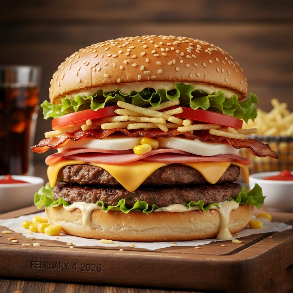 Pao, 2Carnes,Presunto,Mussarela,Cheddar,Bacon,Batata,Milho,Tomate e Alface