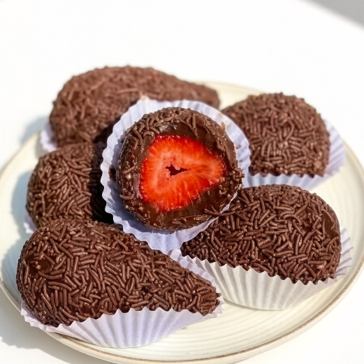 2 coxinhas enormes, feitas com morango fresquinhos e nosso brigadeiro maravilhoso