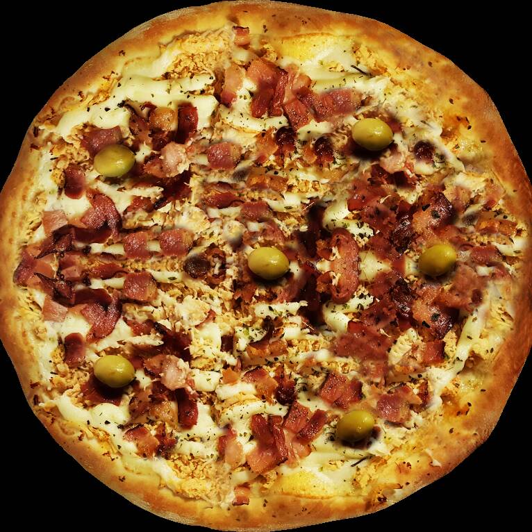 FRANGO BACON MUSSARELA E AZEITONAS E OREGANO