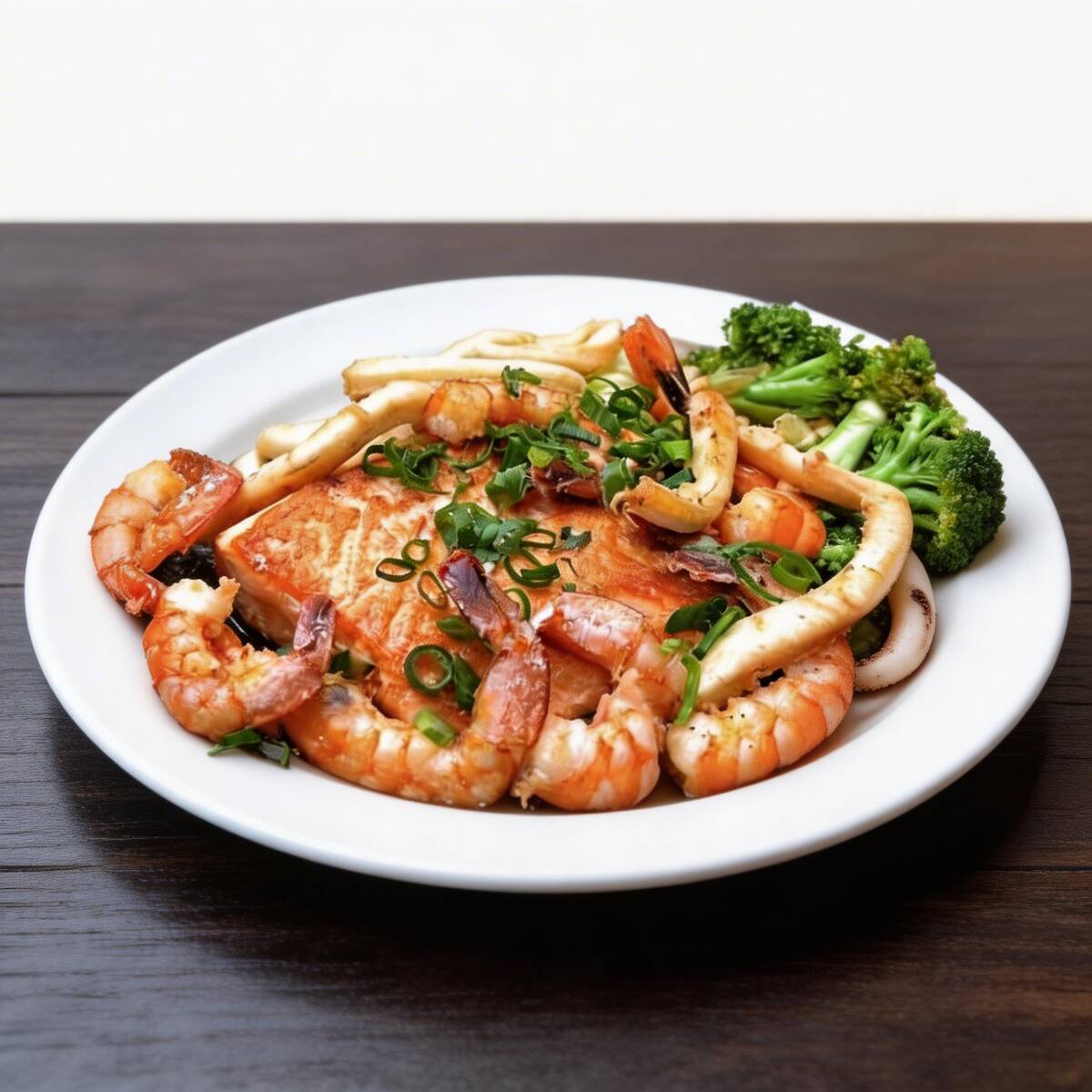 Camarão, Lula e Salmão na chapa com legumes na manteiga e goham