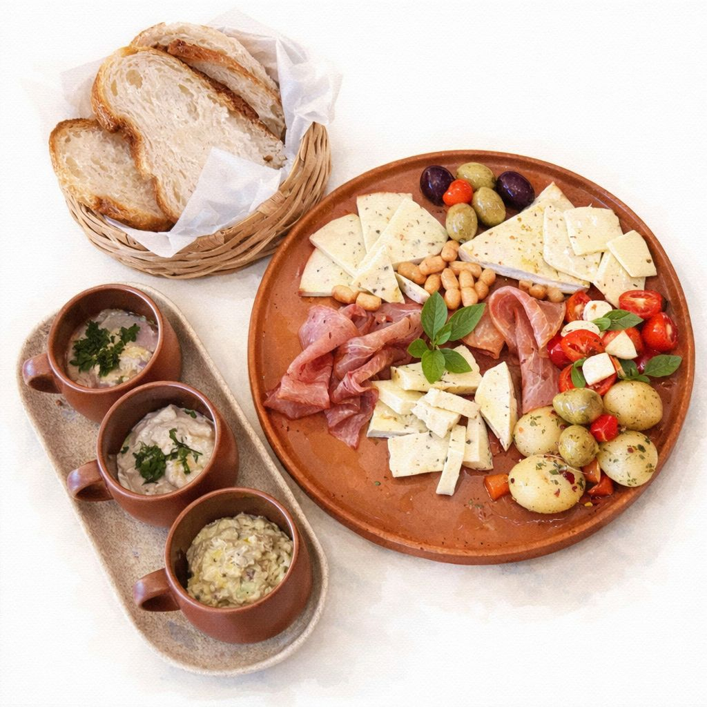 Mini caprese, azeitonas marinadas, salame, três pastas do dia, batata calabresa, gorgonzola, presunto Parma. Acompanha torradas.