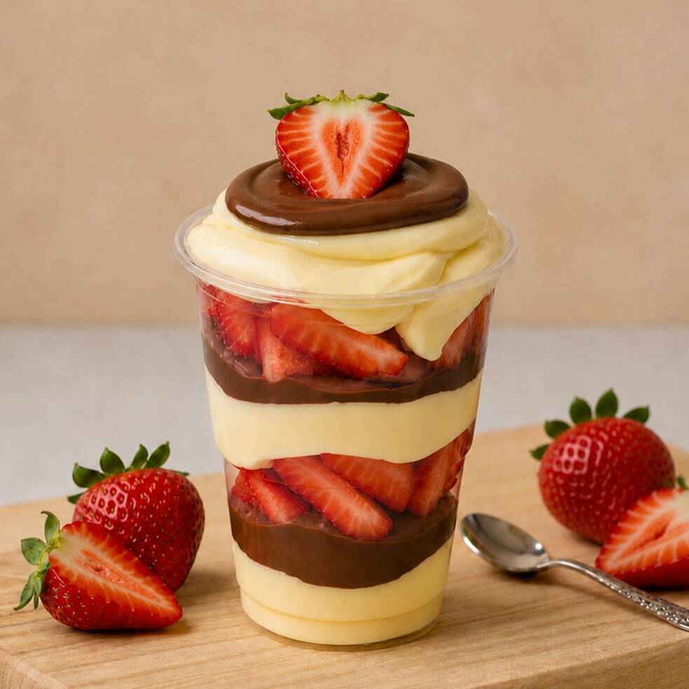 Montado no copo de 250ml - Camadas de brigadeiro de ninho, morangos picados e nutella original