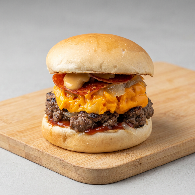 Pão, Ketchup, Hamburguer Artesanal de 160 Gramas, Creme de Cheddar, Cebola Caramelizada, Peperoni E Molho Orc