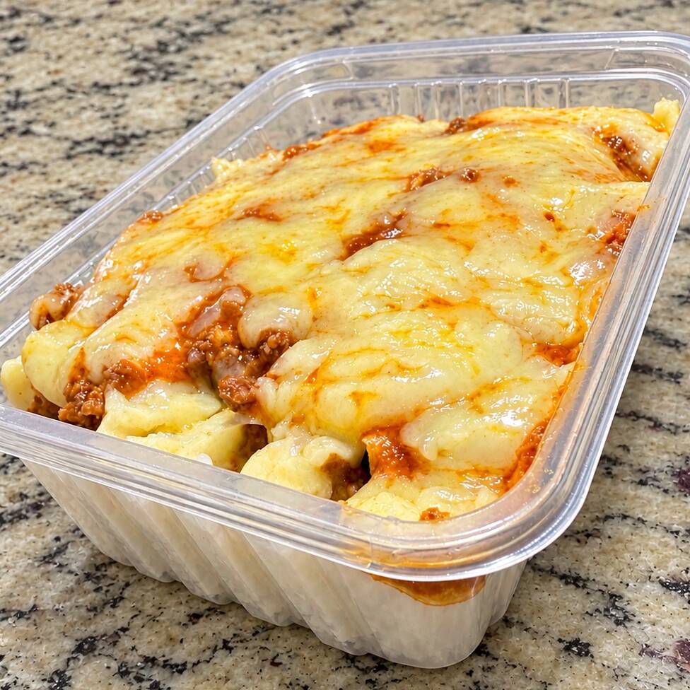 Massa leve e fina, recheada com patinho moído ao molho de tomate caseiro artesanal, finalizada com mais molho e muçarela ralada na hora, acompanhada de arroz branco soltinho.
Serve 1 pessoa