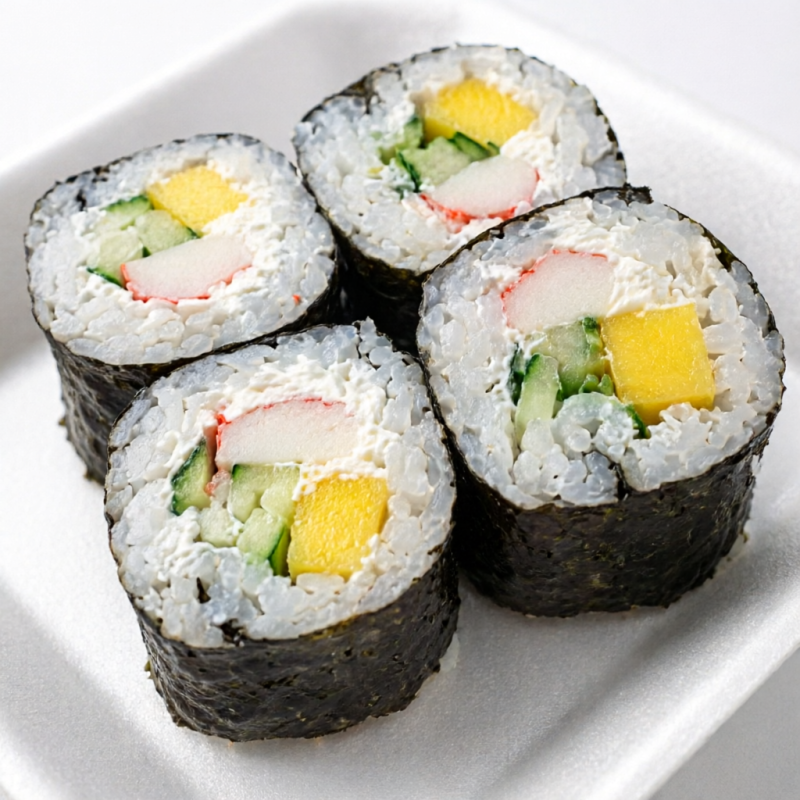 Enroladinho fino com alga por fora, recheado com kani, pepino, manga e cream cheese Leve e refrescante, é uma opção deliciosa para quem curte sabores clássicos com toque cremoso.
