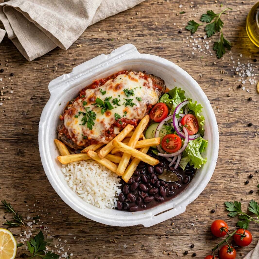 Bife Empanado Com Farinha Temperada Macio Por Dentro E Crocante Por Fora, Coberto Com Molho De Tomate Fresco, Com Queijo Mussarela Derretido. Acompanha Arroz Bem Soltinho, Feijão Bem Temperado, Batata Frita Crocante. Sabor Que Exala Sabor D" Casa .