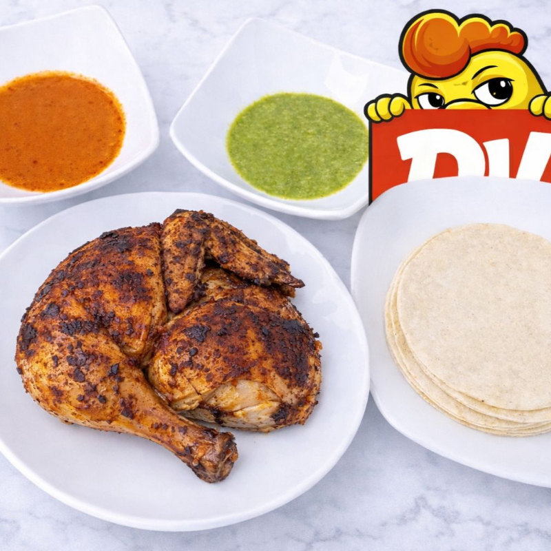 1/2 POLLO CON SALSA Y TORTILLAS