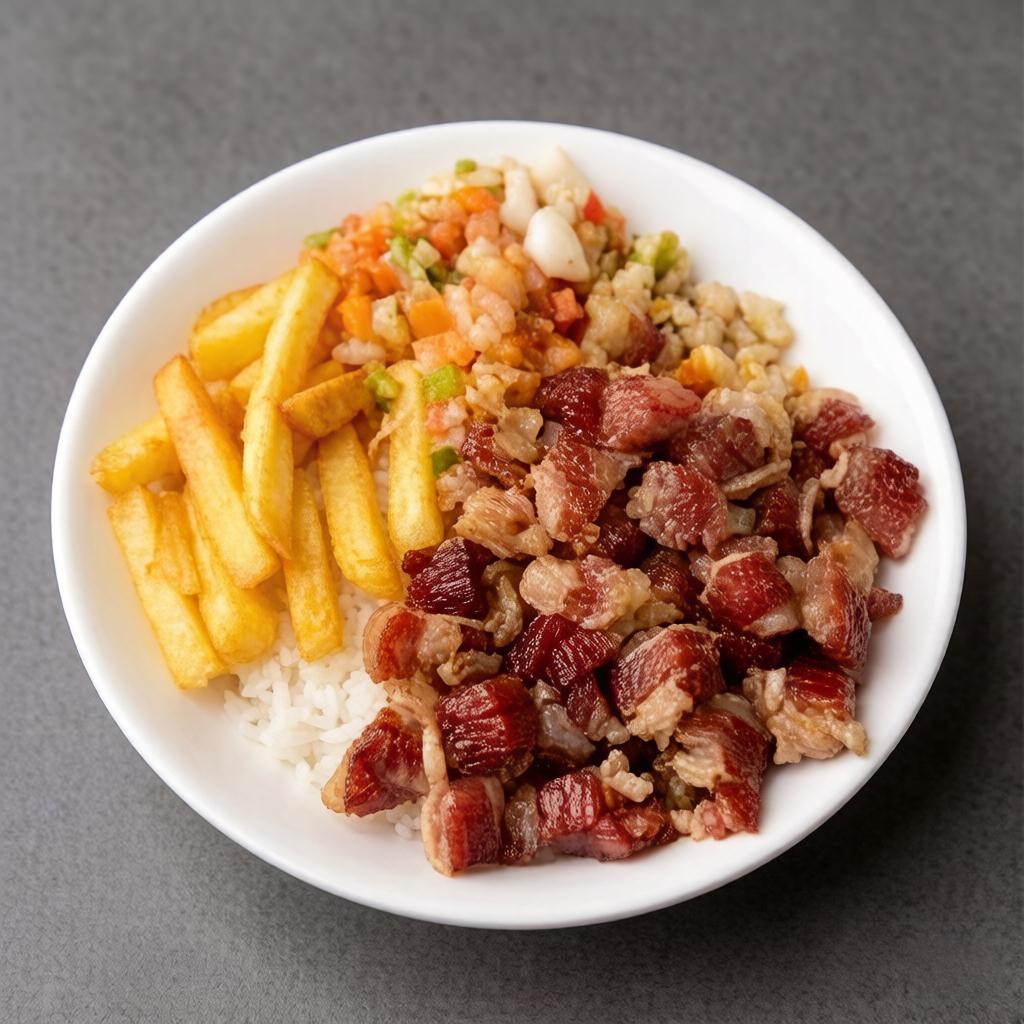 Acompanha Macarrão, Arroz, Purê, Farofa, Vinagrete e Feijão .