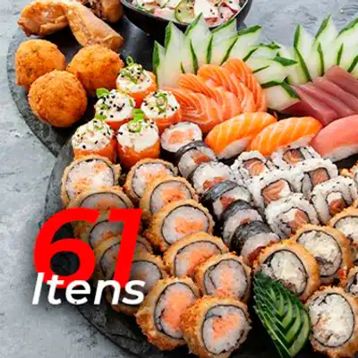 Itens: 1 Sunomono com Kani 3 Bolinho D'ouro 4 Sashimi Salmão 4 Sashimi Atum 2 Sushi Salmão 2 Sushi Atum 6 Uramaki Salmão 6 Philadelphia Salmão 5 Joe Joe Tradicional 12 Hot Roll Philadelphia Salmão 12 Hot Roll Skin 1 Harumaki de Choco Duo 1 Harumaki de Banana Nevada (Acompanha molho Teriyaki e Sweet Chilli)