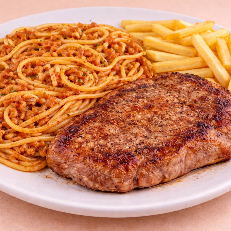 Clássico Macarrão À Bolonhesa Servido Com Uma Porção De Batata Frita Crocante Que Completa O Prato.