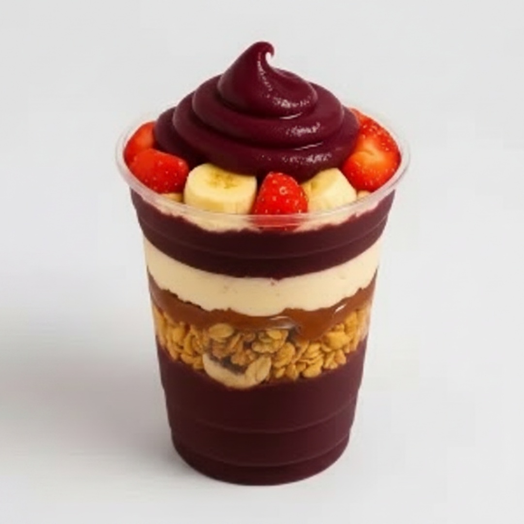 Seu delicioso açaí frutos de goiás no pote de 500 ml com seus complementos preferidos adicionados ao copo do açaí.