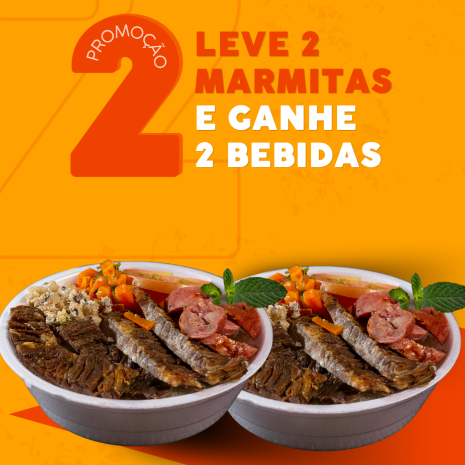 2 (Duas) marmitas de sua escolha! Acompanha dois GUARAPLUS
Strogonoff de frango - Arroz, batata palha
Fricassê de Frango - Arroz, batata palha
Parmegiana de Frango - Arroz, feijão, fritas
Milanesa - Arroz, feijão, fritas
Carne Assada Suíno/Filé Mignon Suíno - Arroz, feijão, farofa e fritas
***********(Caso faça Upgrade na bebida será enviada apenas a bebida selecionada)***************