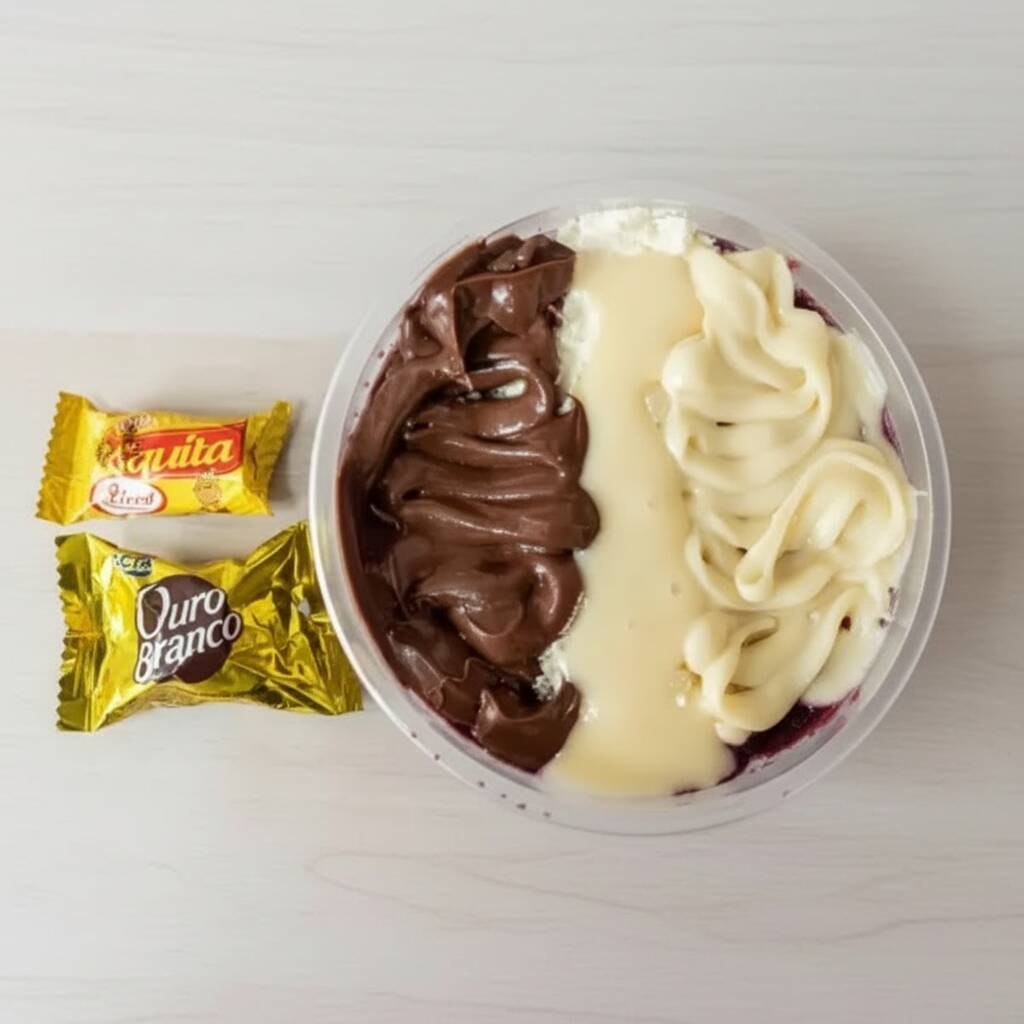 Açai, Nutella, Creme Ninho, leite condensado e leite em pó + paçoca + Ouro Branco 1º camada: Açai - 2º camada: Nutella, Creme Ninho, leite condensado e leite em pó - 3º camada: Açai - 4ª camada: Nutella, Creme Ninho, leite condensado e leite em pó
