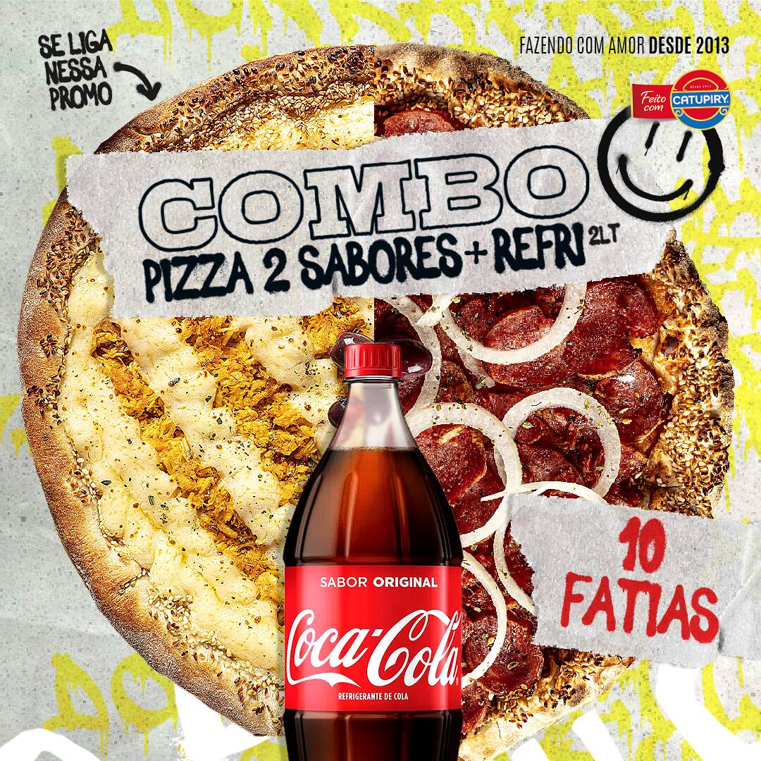 01 Pizza Grande - 10 Fatias, podendo escolher até 2 sabores (Mozarela, Calabresa, Portuguesa ou Frango Catupiry) + 01 Coca-Cola 2l (Normal ou Zero)