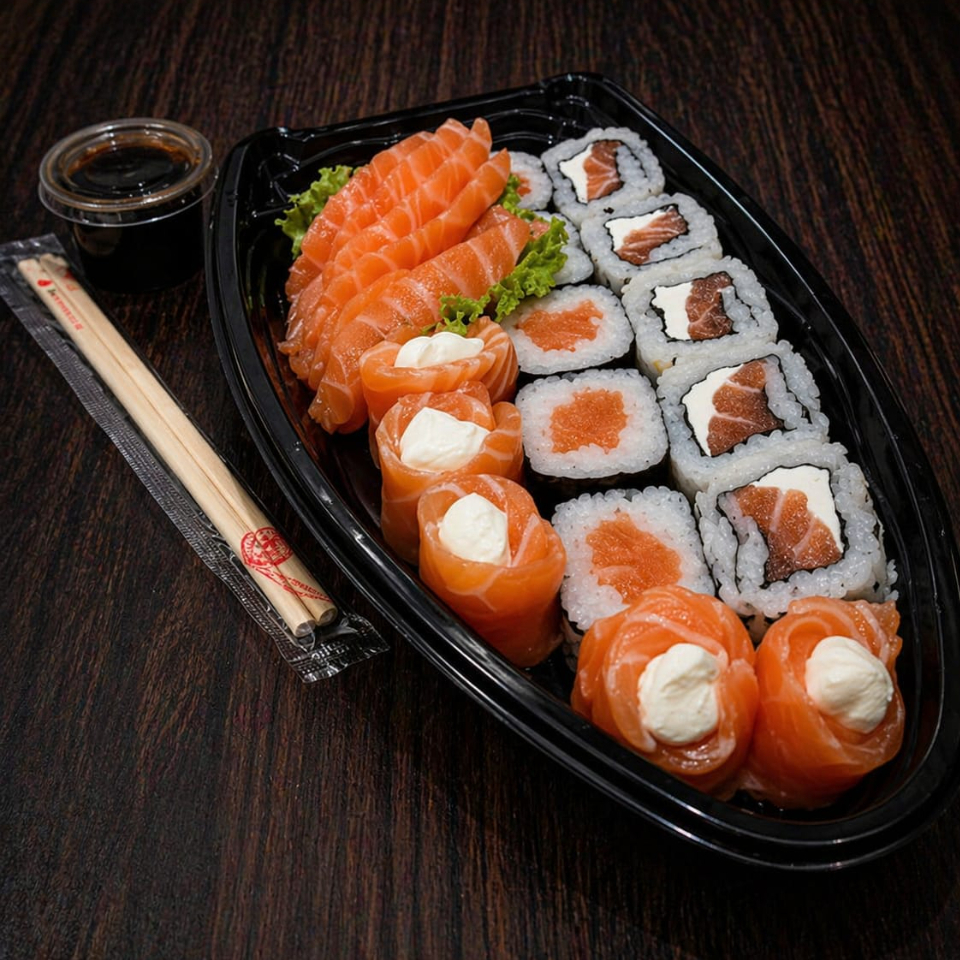 Ela é composta por 5 Uramakis Filadélfia, 5 Hossomakis de Salmão fresco, 5 Gunkas de Salmão ricamente preenchidos e 5 fatias de Sashimis de Salmão, cortados com precisão. Acompanha 1 molho Shoyu de 30ml para intensificar os sabores e 1 par de Hashis para a autêntica experiência japonesa.