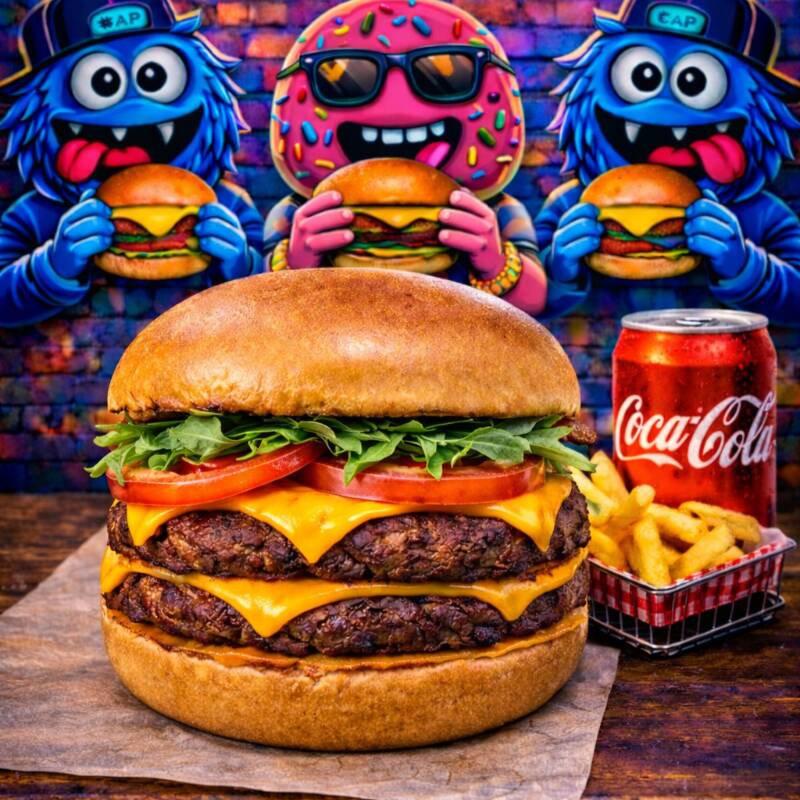 Escolha o seu hamburguer, que acompanha 3 batatas individuais e uma coca cola 2 litros.