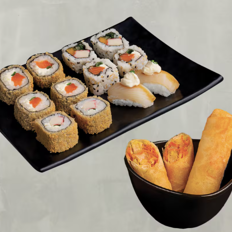 Combinado só para mim (4 Roll Hot Philadelphia, 2 Roll Philadelphia, 2 Roll California, 2 Hot de kani, 2 Sushi tilapia sour) + Harumaki de legumes.