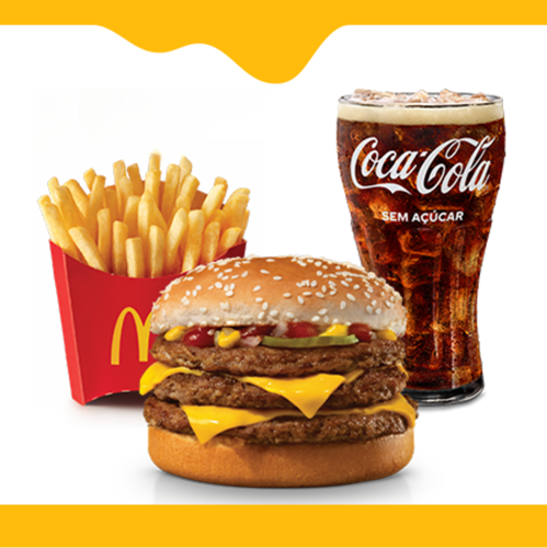 O sabor de Mcdonald's triplamente delicioso. Com três hambúrgueres de carne 100% bovina, queijo derretido, cebola, picles, ketchup e mostarda, McFritas média e bebida