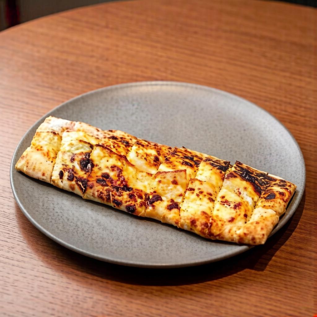 Massa de pizza fininha recheada com tiras de Filé Mignon, gorgonzola salpicada com parmesão