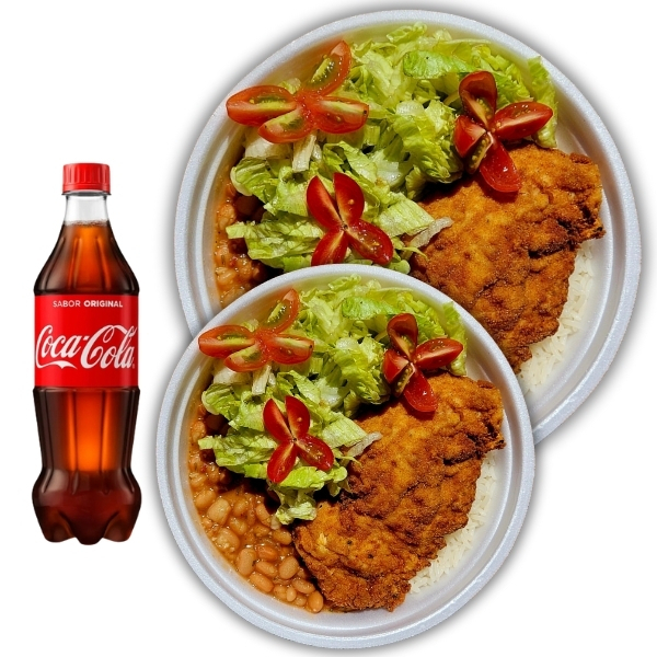 Frango empanado crocante em dobro, arroz soltinho, feijão caseiro, salada fresca e Coca-Cola 600ml pra completar!