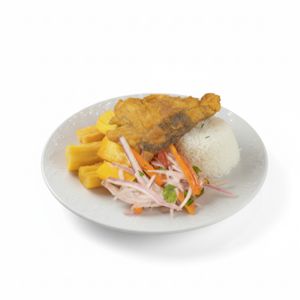 Filete de Bonito Frito con Yuca Sancocha más Arroz