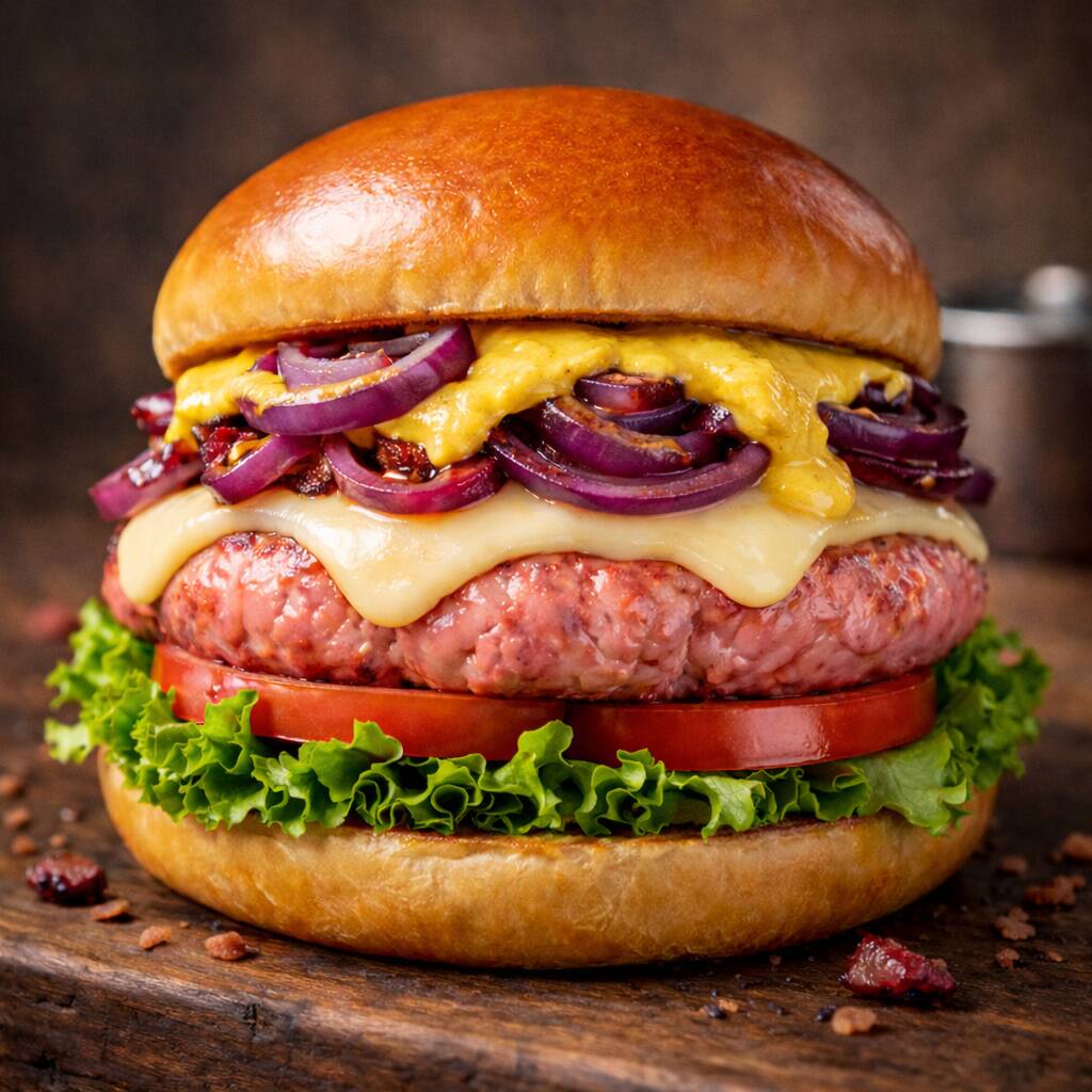 Pão Brioche, Blend 120g Linguiça Toscana, Queijo Provolone, Cebola Roxa e Salada (Alface e Tomate)