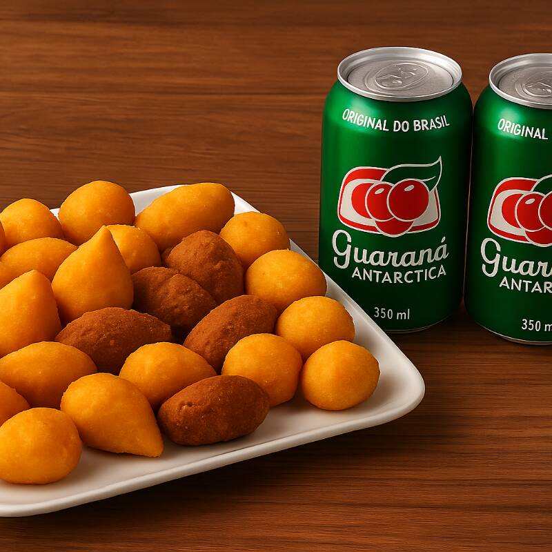 15gm cada salgadinho, salgadinhos mistos contendo: Coxinha Queijo e presunto enroladinho de salsicha Queijo Kibe Risole de carne Calabresa ``Caso nao queira algum sabor pode especificar abaixo``.