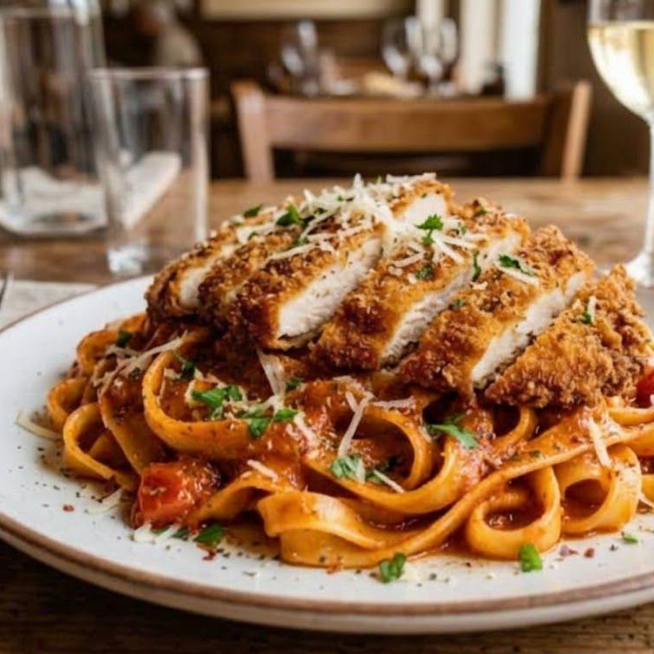 Pasta Pomodoro con Milanesa