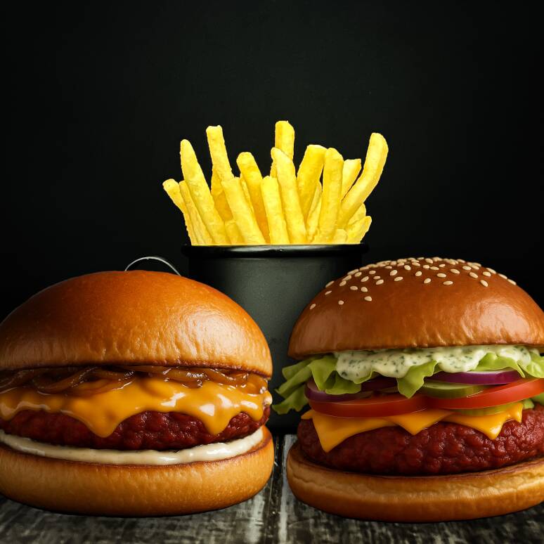 Escolha 2 Hambúrgueres e ganhe uma porção de Batata Média Grátis Pode escolher entre as opções veganas e lacto vegetarianas.