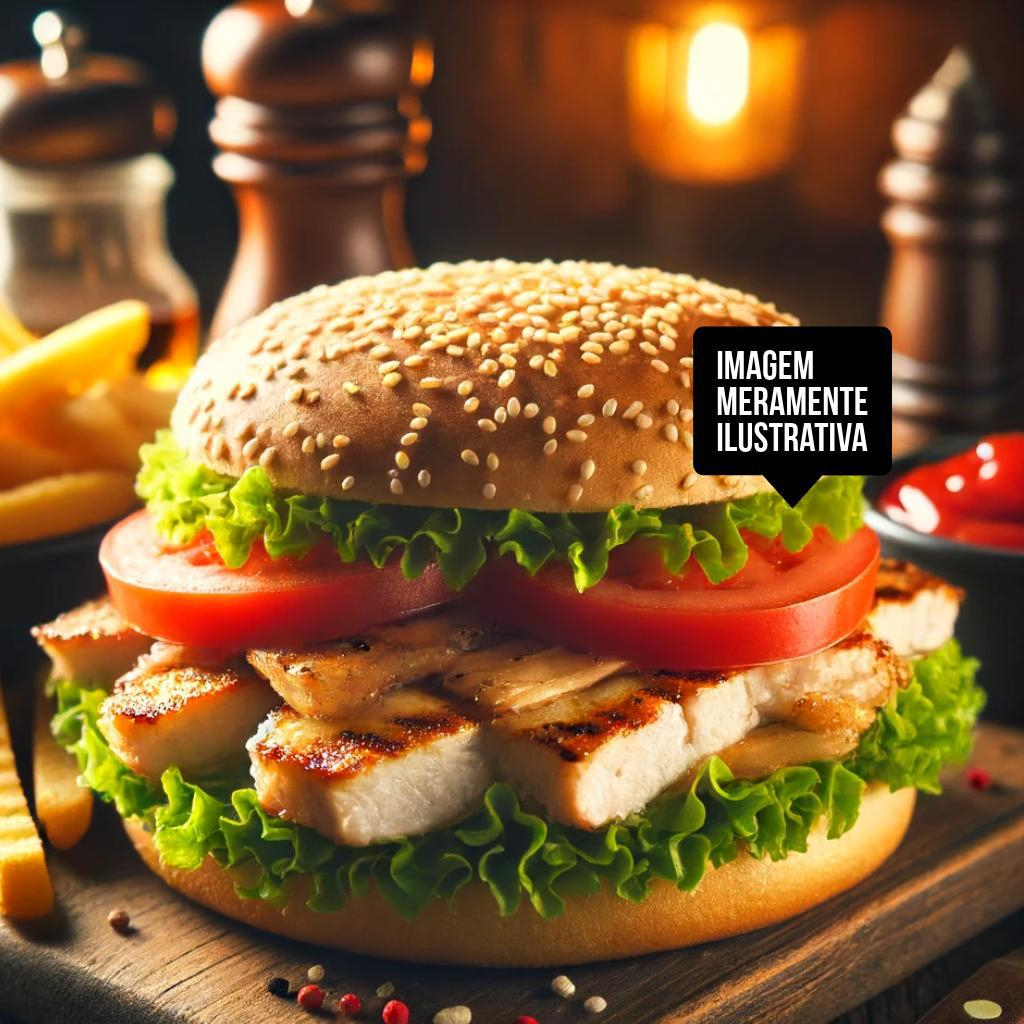 Pão Brioche, Filé de Frango Grelhado em tiras, Queijo Prato, Alface, Tomate e Maionese da Casa + Batata Frita (Imagem Ilustrativa)