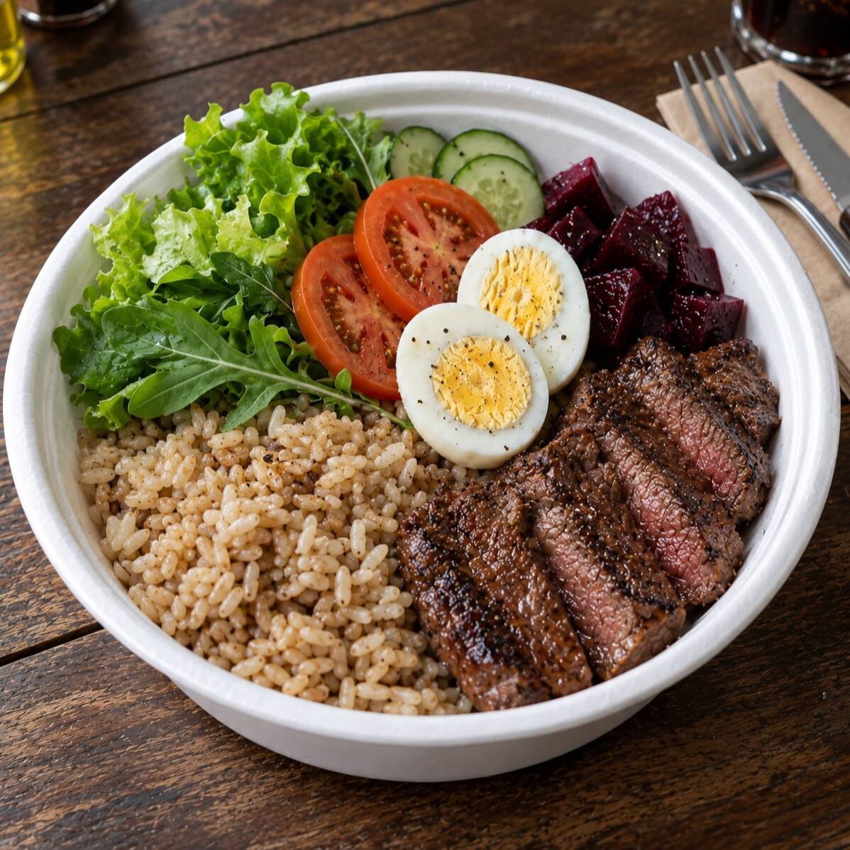 Contra-filé grelhado, leve e suculento, preparado no ponto ideal! Acompanha arroz integral, folhas verdes frescas, tomate, cenoura ralada, pepino e vinagrete.