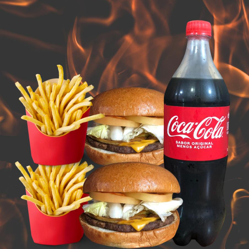 Combo casal perfeito, hambúrguer artesanal preparado na grelha, duas batatas e uma coca de 1L combinação perfeita!
