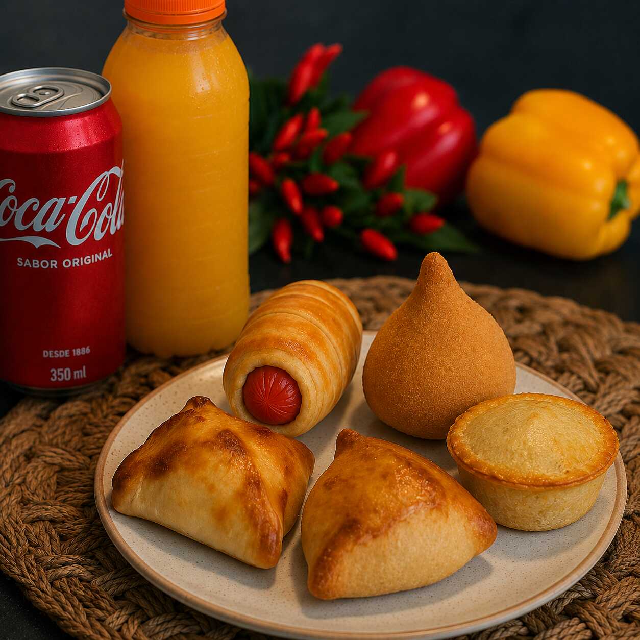 Escolha cinco deliciosos salgados e mais duas bebidas a sua escolha!
