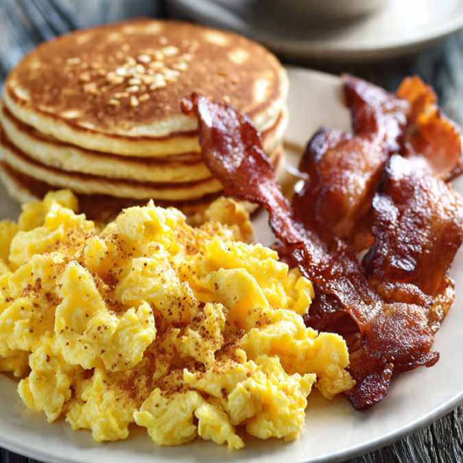 Hot Cakes + Huevo Revuelto + Tocino + Bebida