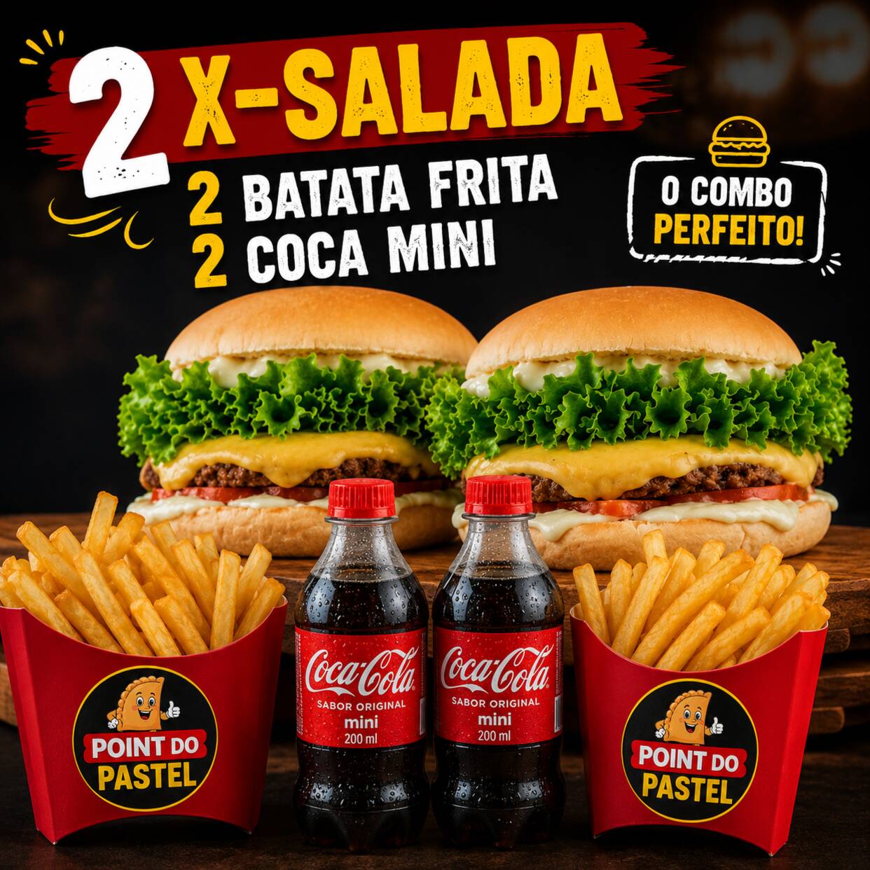 Combo casal 2 x salada, maionese, hambúrguer 56g, queijo, presunto, tomate,alface e milho. Com 150g de batata e 2 coca mini 200ml