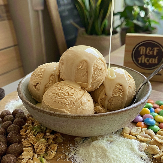 Leite em pó, amendoim, 1 fruta ,leite condensado ,bolinha de cereal e calda *Obs: Se não quiser amendoim pode substituir por granola, paçoca ou farinha lactea. Informar na observação! Se não, vai conforme esta descrito acima