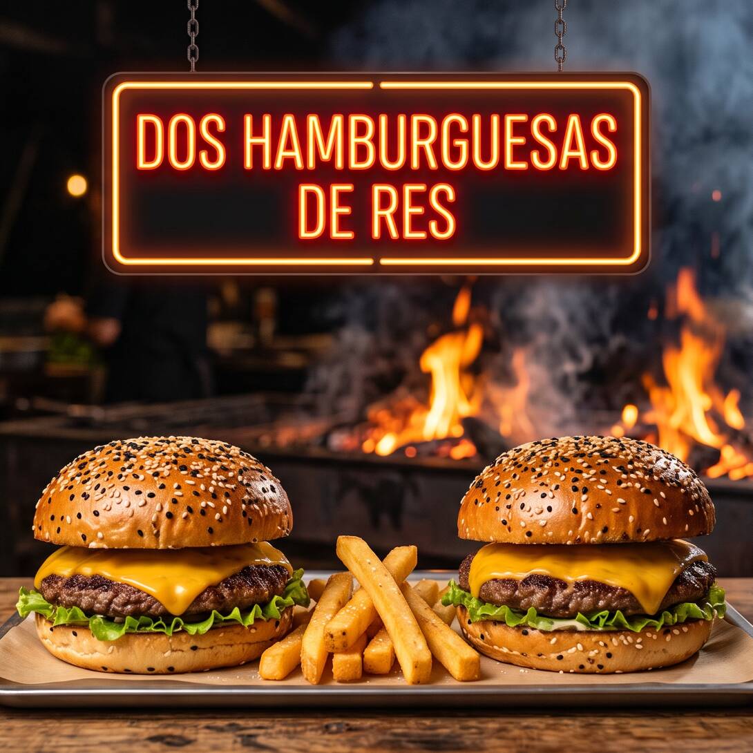 2 Hamburguesas Res +porcion Chica de Papas