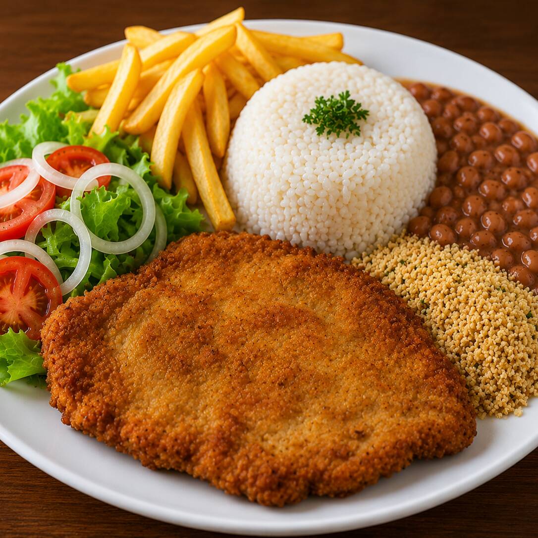 Filé de frango empanado e crocante, dourado e saboroso com salada ou fritas.